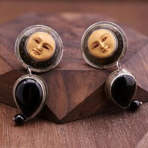 *sold ebay* VTG Tabra Artisan Moon Face Goddess Dangle Clip Earrings Silver Onyx